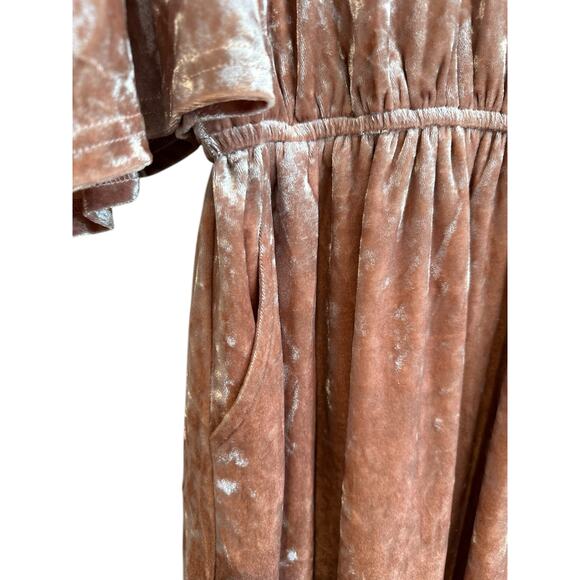 NEW Lucky Brand Pink Crushed Velvet Embroidery Cold Shoulder Pockets Dress Small - Picture 9 of 12